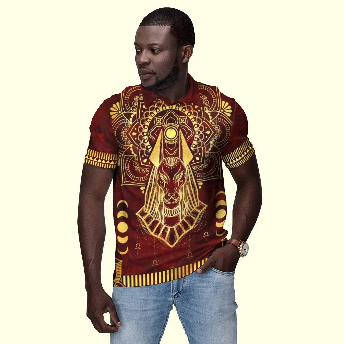 Anubis Pattern In Red Polo Shirt