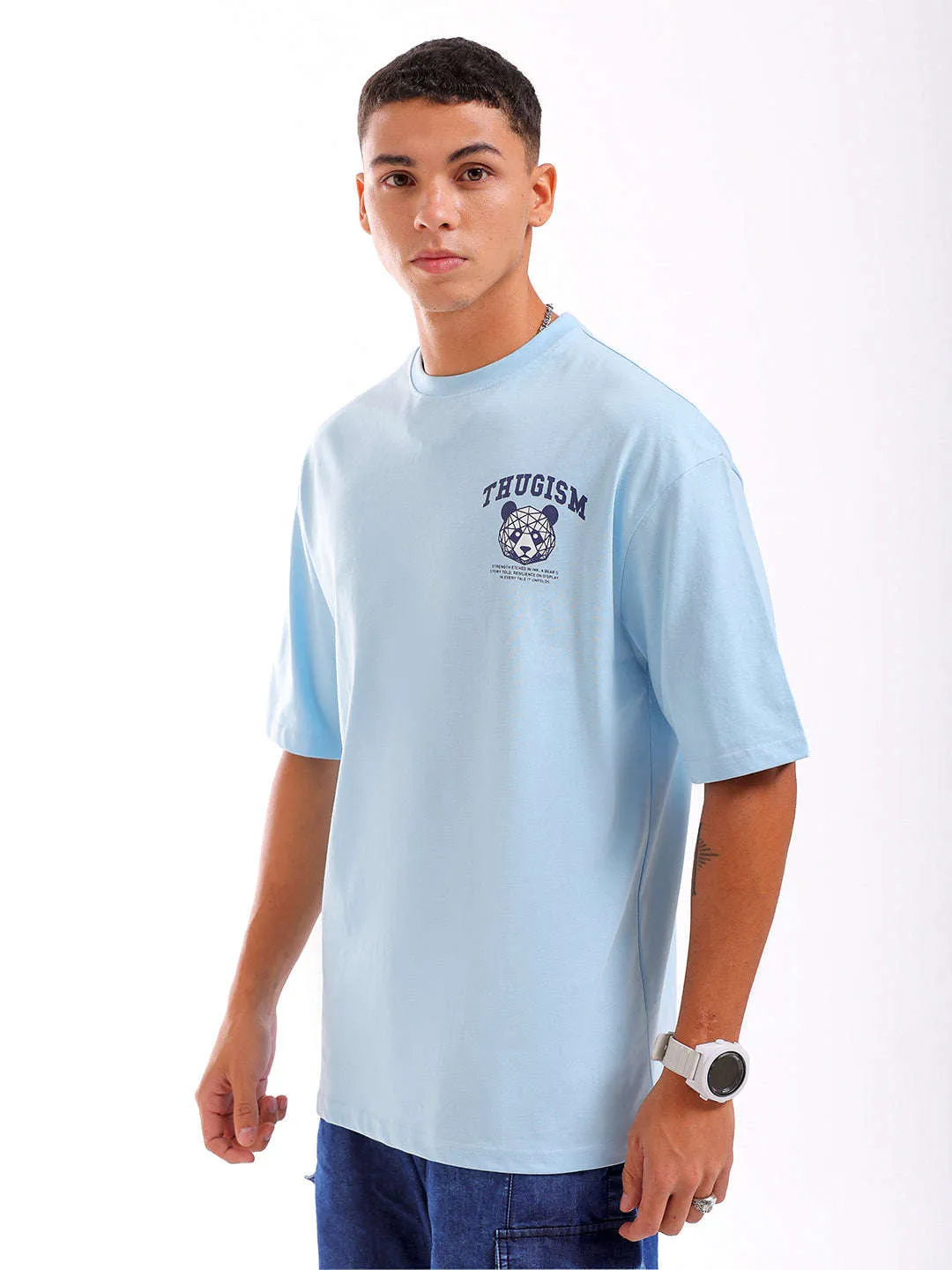 Men Blue Oversized Fit Back Printed T-Shirt