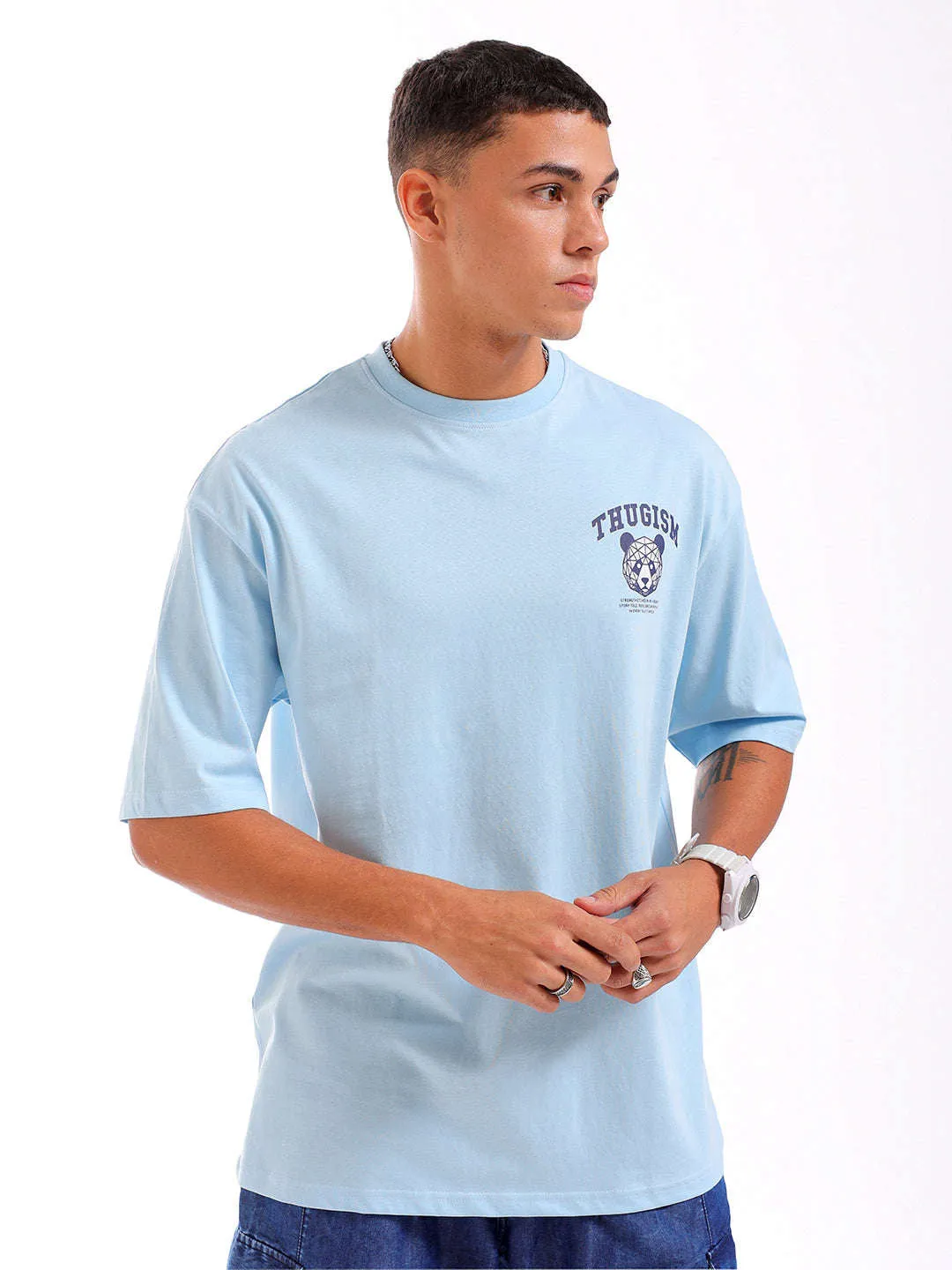 Men Blue Oversized Fit Back Printed T-Shirt