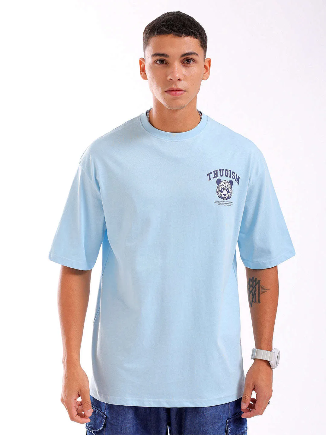 Men Blue Oversized Fit Back Printed T-Shirt