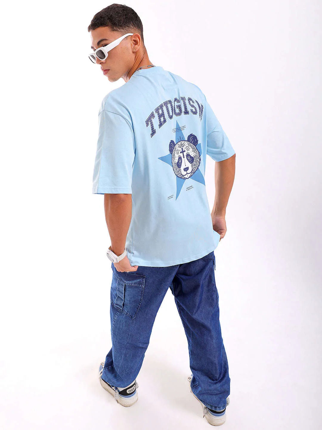 Men Blue Oversized Fit Back Printed T-Shirt