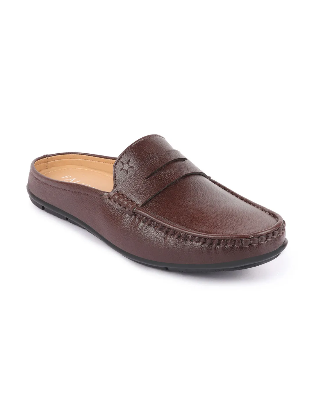 Men Brown Slip On Back Open Stitched Mules Casual Shoes