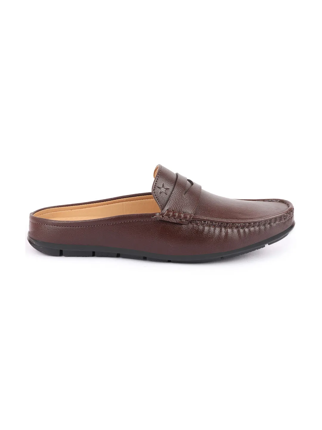 Men Brown Slip On Back Open Stitched Mules Casual Shoes