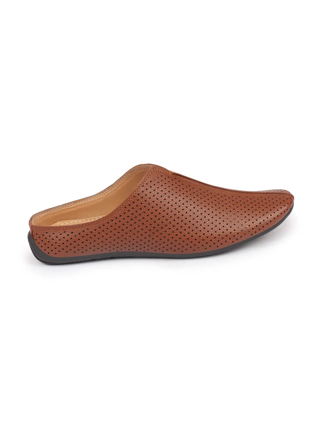 Men Tan Back Open Perforated Design Ethnic Party Wedding Mules Slip On Shoes