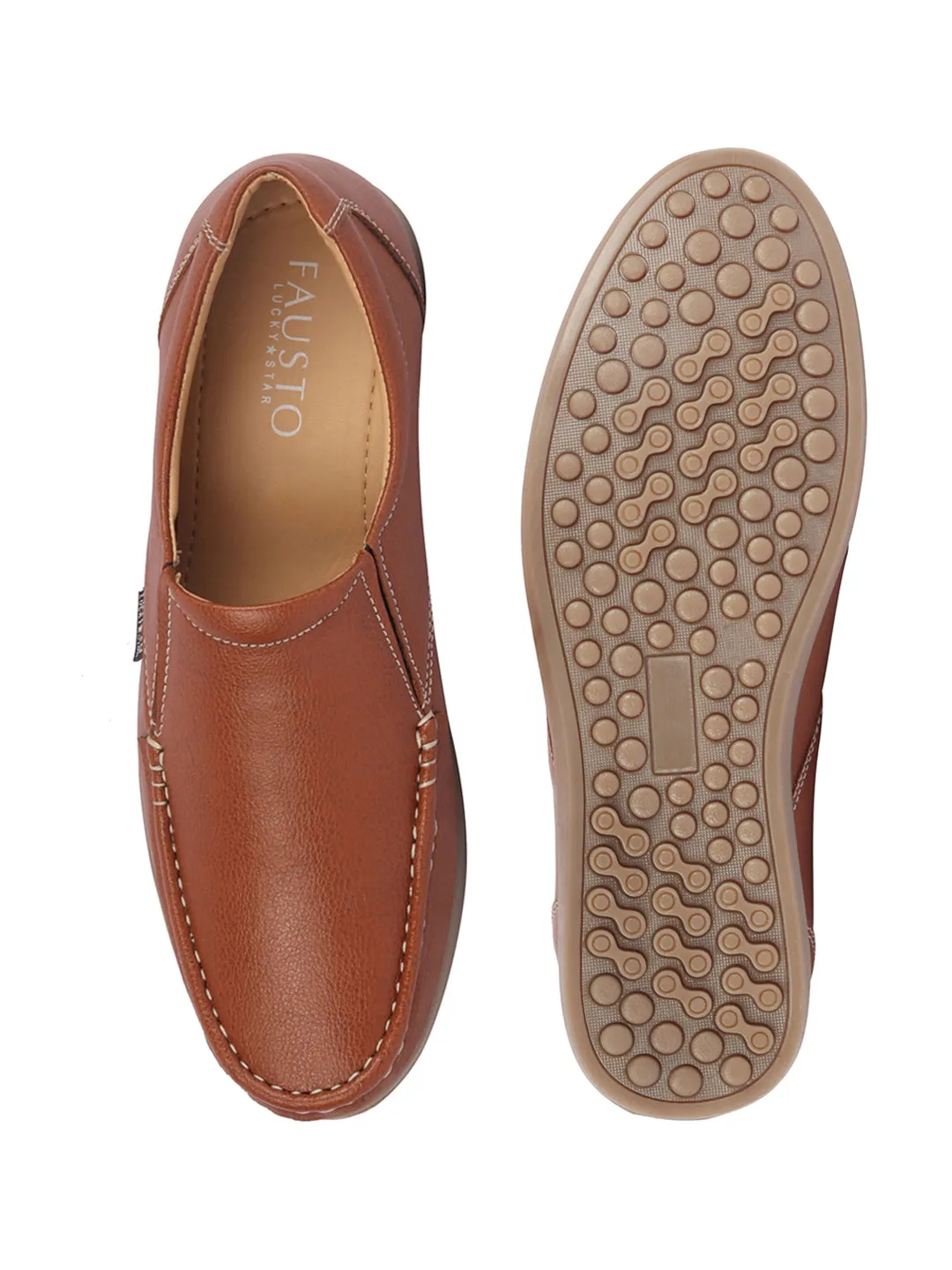 Men Tan Side Stitched Casual Comfort Slip On Loafer Shoes