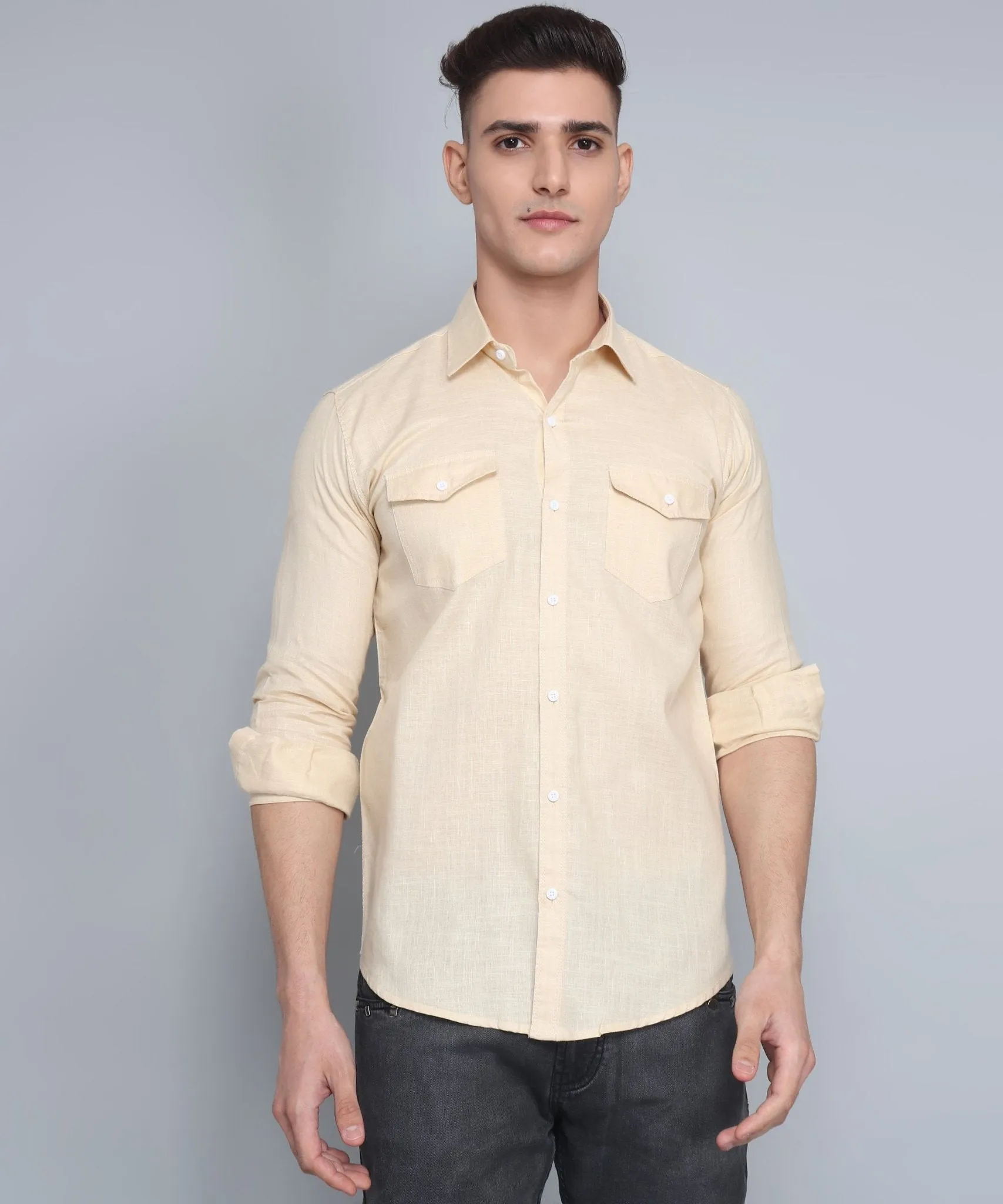 Men's Designer TryBuy Premium Cream Solid Cotton Linen Double Pocket Button-Up Shirt For Men