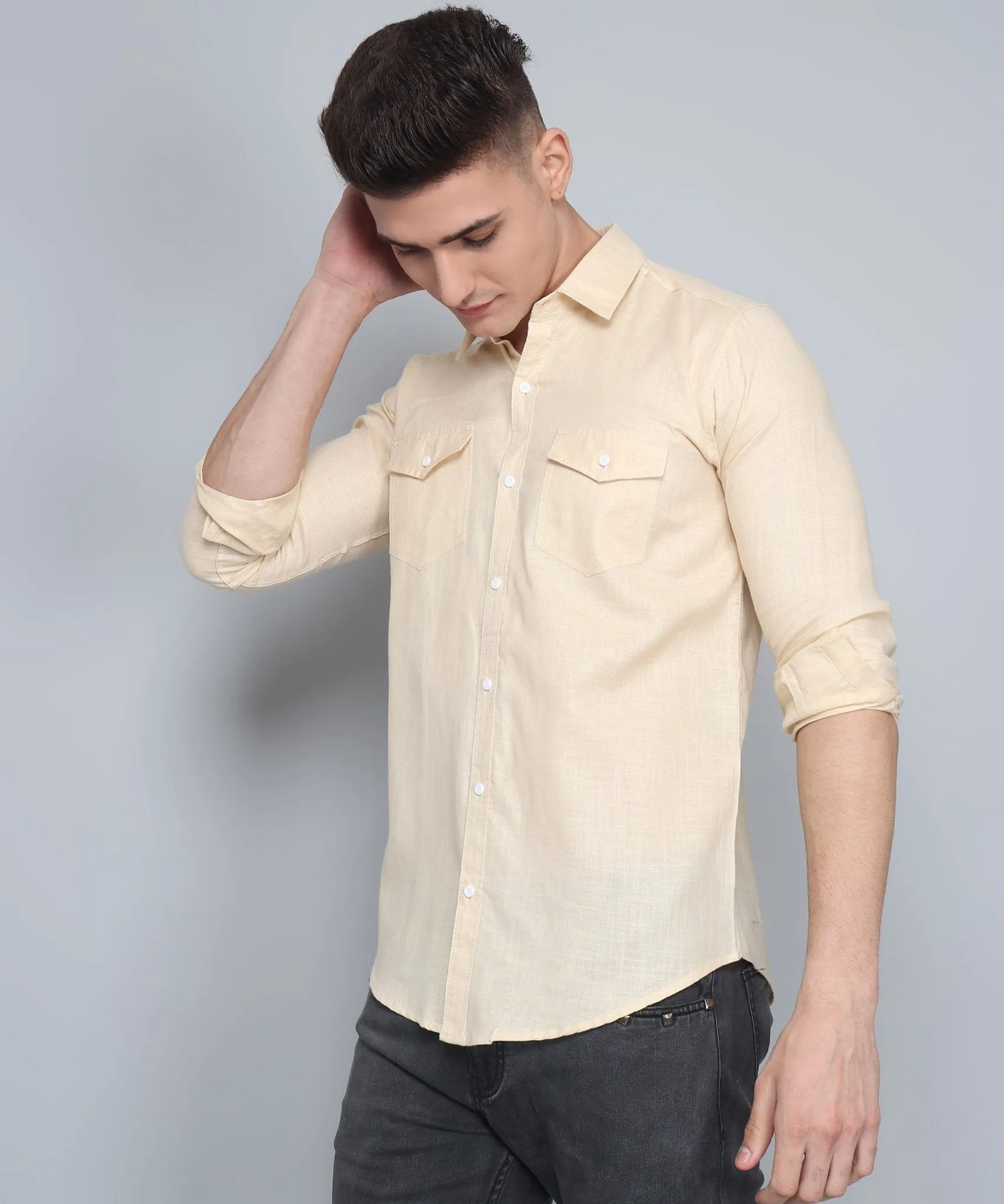 Men's Designer TryBuy Premium Cream Solid Cotton Linen Double Pocket Button-Up Shirt For Men