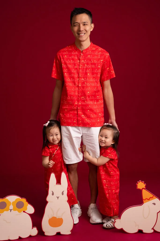 Men's Mandarin-collared Shirt - Red Bunnies In A Row