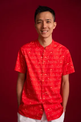 Men's Mandarin-collared Shirt - Red Bunnies In A Row