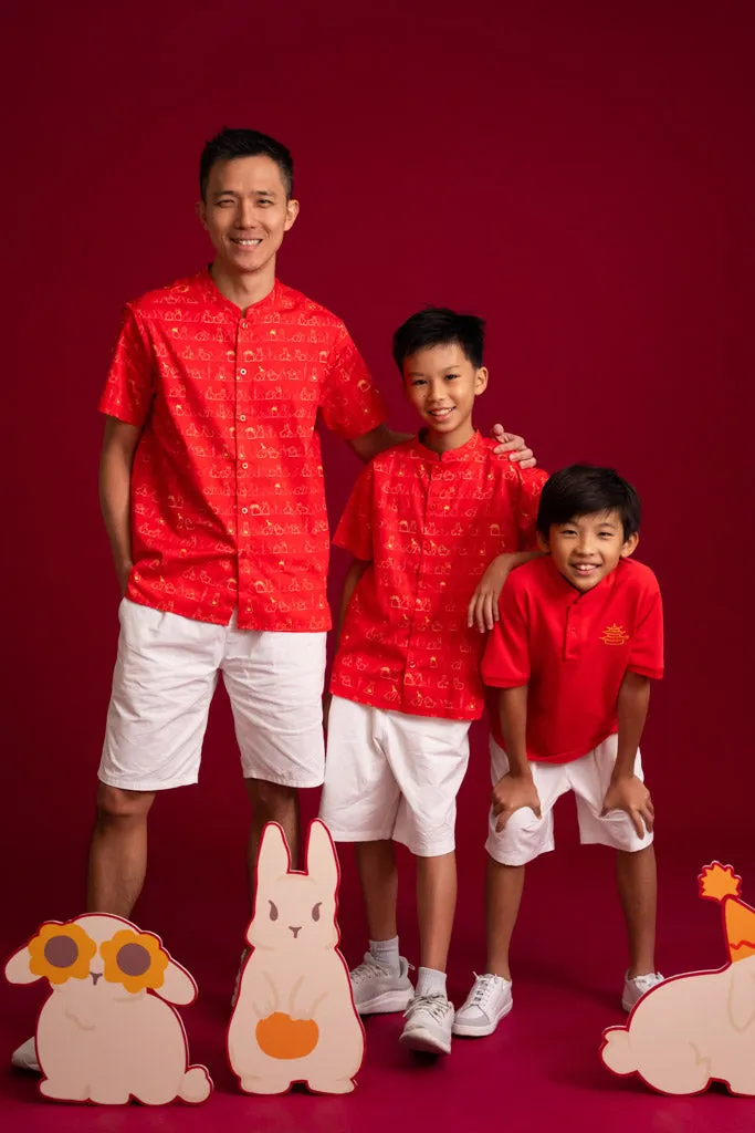 Men's Mandarin-collared Shirt - Red Bunnies In A Row