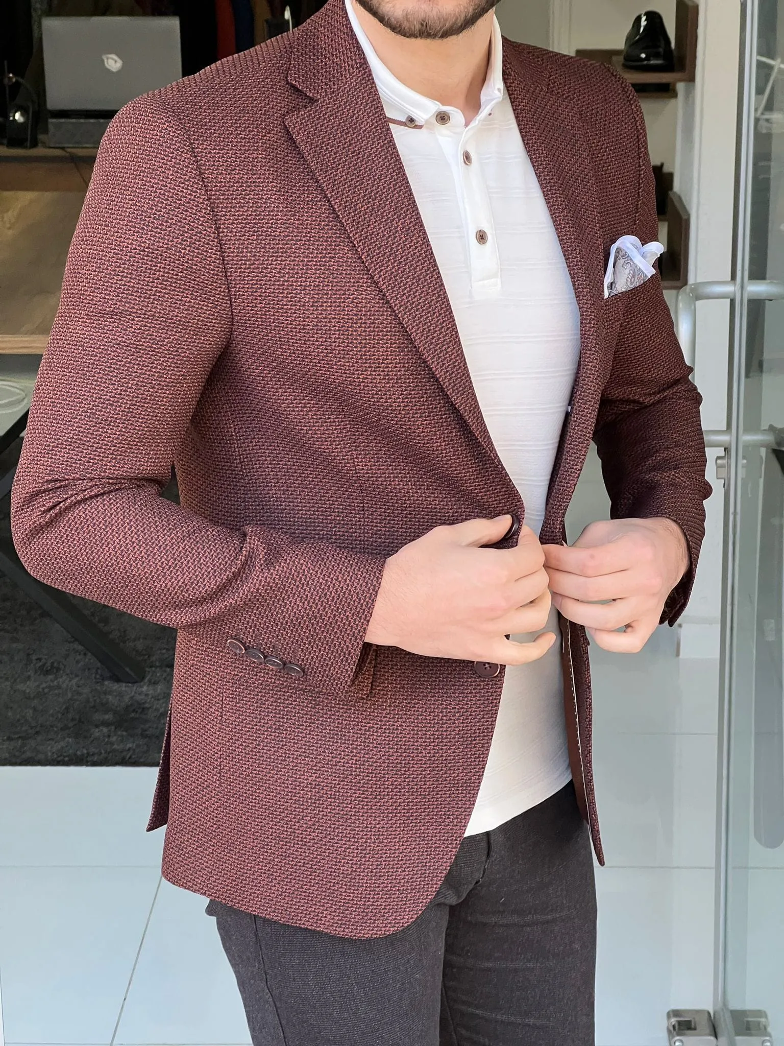 Slim Fit Knitted Brown Jacket